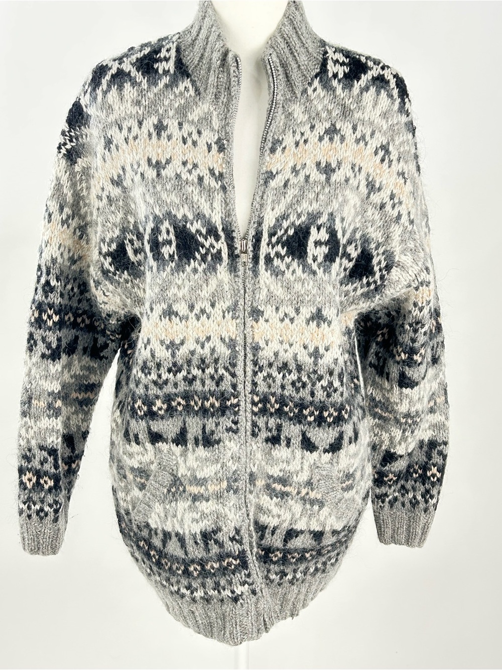 SKYR Men’s Wool Fair Isle Nordic Full Zip Cardigan Sweater Gray Small